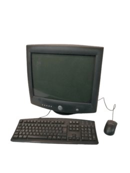 PNG de um monitor de computador crt, teclado e mouse, todos na cor preta. O monitor em questão está desligado.